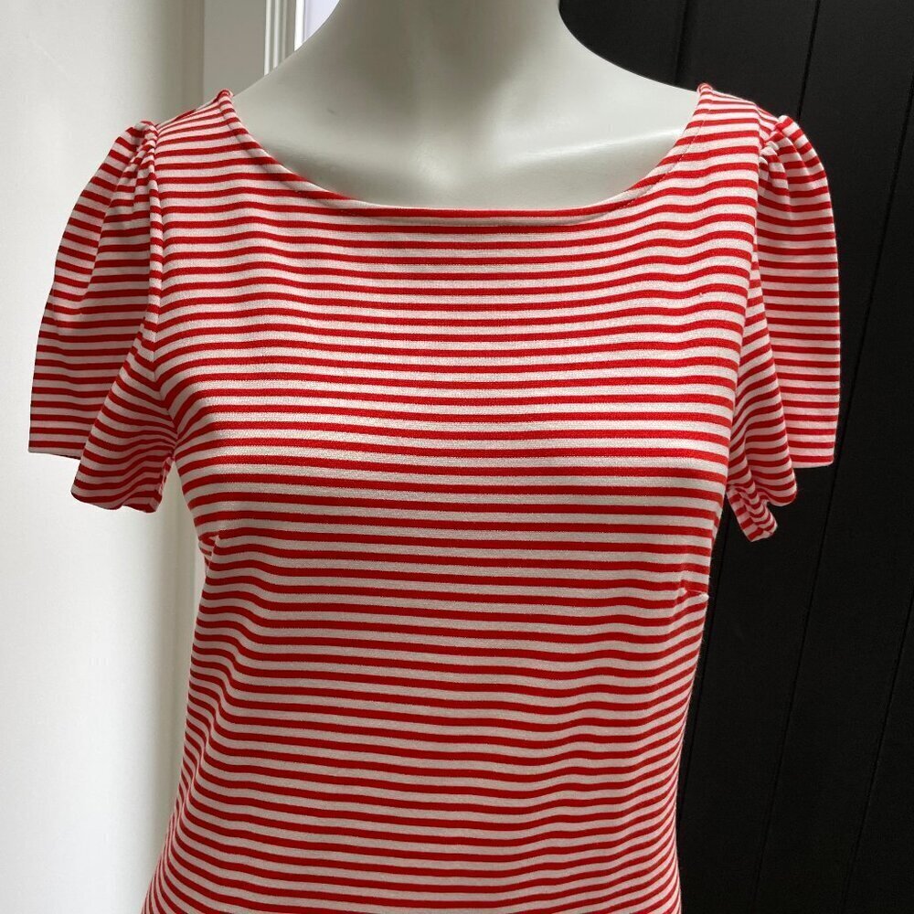 Ann Taylor Petite SS Jewel Neck Striped Midi Dress Orangey Red White Sz 6P NWOT - Picture 3 of 13